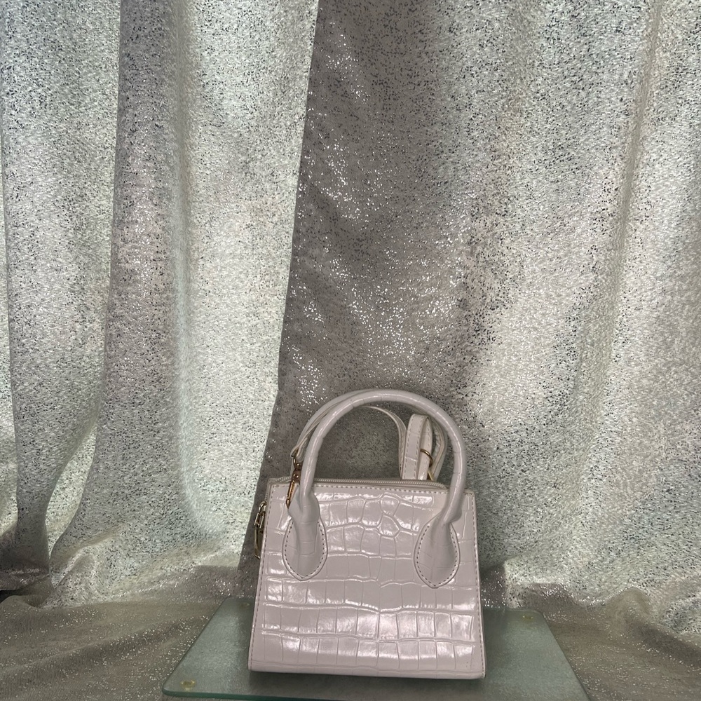 Small white faux croc-skin bag with removable shoulder strap